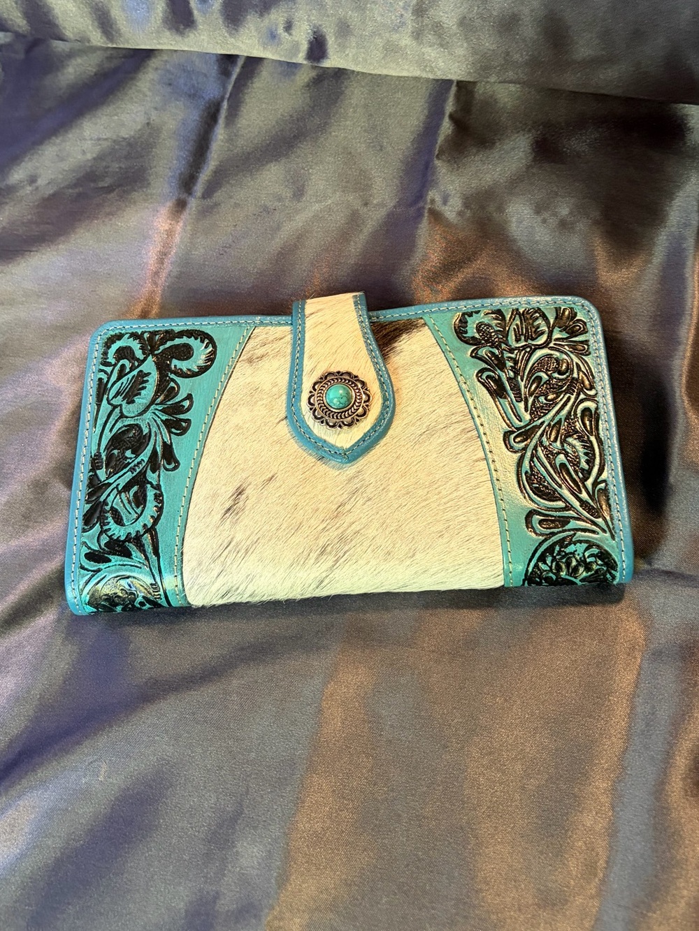 Myra Turquoise Tooled Leather & Hair-on Hide Wallet